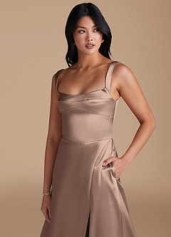Azazie Hope Bridesmaid Dresses Taupe A-Line with Pockets Metallic Satin Dress image3