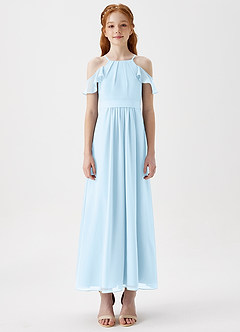 Azazie Chaya Junior Sky Blue A-Line Off the Shoulder Chiffon Dress image3