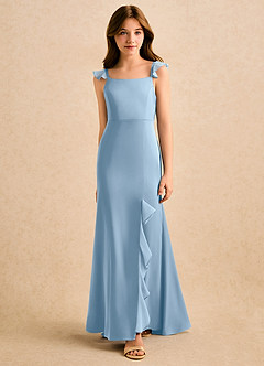 Azazie Novalie Girls Formal Flower Girl Dresses Powder Blue Mermaid Bow Stretch Satin Dress image3