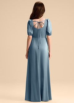 Azazie Briar Junior Vestido de Azul Polvoriento de Satén Elástico de Corte en A con Lazo image2