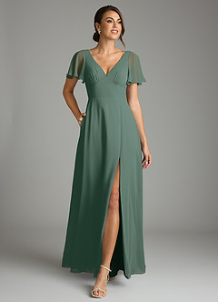 Azazie Kimber Bridesmaid Dresses Sea Moss A-Line Flounce Sleeve Chiffon Dress image4