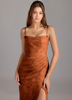 Azazie Leonis Bridesmaid Dresses Burnt Orange Sheath Strapless Floral Burnout Convertible Dress image2