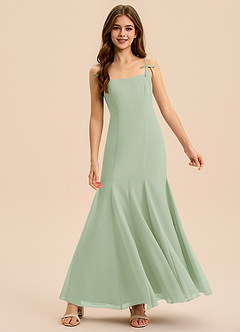 Azazie Evey Junior Vestido de Salvia Polvorienta de Gasa de Corte Sirena con Plisado image3