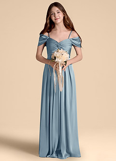 Azazie Kaitlynn Junior Jurk van Stretch Satijn met A-Lijn Off the Shoulder Stoffig Blauw image4