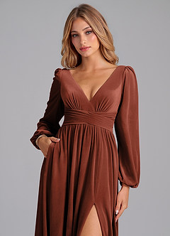 Azazie Norah Bridesmaid Dresses Terracotta A-Line Long Sleeve Velvet Dress image2