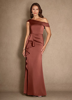 Azazie Hamptons Mother of the Bride Dresses Auburn A-Line Pleated Stretch Satin Dress image1