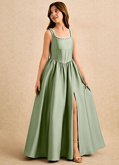 Azazie Enid Girls Formal Blomsterpigekjoler A-Line Perlebesat Stræk satin Gulv-længde Kjole image3