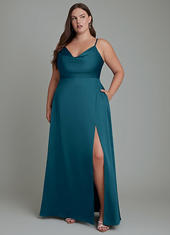 Azazie Sarella Bridesmaid Dresses Ink Blue A-Line Pleated Stretch Satin Dress image10