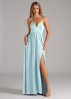 Azazie Aaida Robes de demoiselle d'honneur Robe Trapèze en Satin extensible Corset Bleu Nuage image1