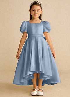 Azazie Zippy Blumenmädchenkleider A-Linie mit ärmel Matte Satin Kleid Staubblau image3