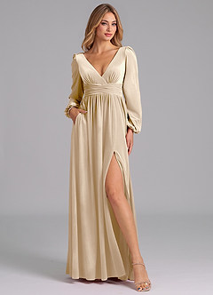 Azazie Norah Bridesmaid Dresses Champagne A-Line Long Sleeve Velvet Dress image5