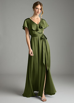 Azazie Lainey Bridesmaid Dresses Olive A-Line with Pockets Stretch Satin Dress image1
