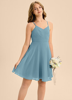 Azazie Avelina Junior Moody Blue A-Line Pleated Chiffon Dress image5