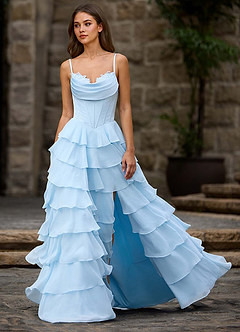 Floralace Sky Blue Ruffled A-line Prom Dress image5