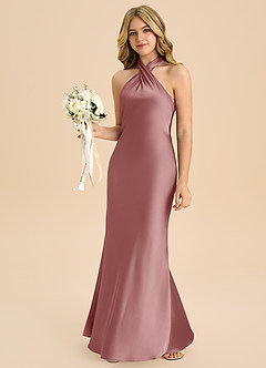 Azazie Chickie Junior Robe Fourreau en Satin extensible Plissée Rose Poussiéreuse image4