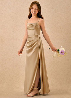 Azazie Shyla Girls Formal vestidos de niña de las flores Vestido de Oro de Satén Elástico de Corte Recto con Plisado image1