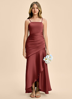 Azazie Aspyn Junior Terracotta Mermaid Ruched Stretch Satin Dress image3