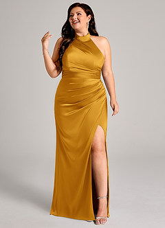 Azazie Jemma Bridesmaid Dresses Butterscotch Sheath Pleated Stretch Satin Dress image9