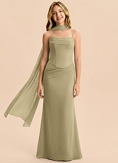 Azazie Sorrel Junior Meerjungfrau-Linie Plissee Chiffon Kleid Moosgrün image4
