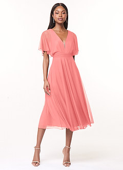 Azazie Tinsley Bridesmaid Dresses Coral A-Line Pleated Mesh Dress image1