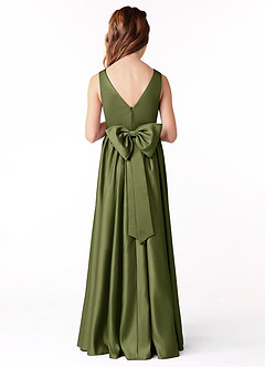 Azazie Hathaway Junior Olive A-Line Bow Stretch Satin Dress image1