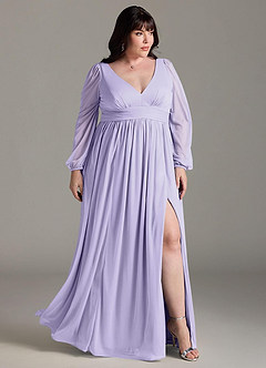 Azazie Norah Bridesmaid Dresses Lilac A-Line V-Neck Long Sleeve Chiffon Dress image9