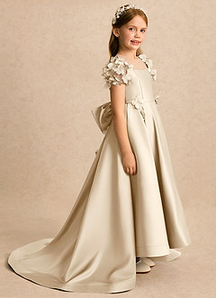 Azazie Charity Flower Girl Dresses Champagne A-Line with Sleeves Matte Satin Dress image2