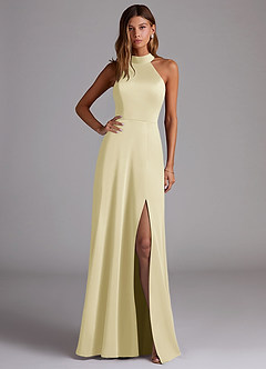 Azazie Myra Bridesmaid Dresses Lemon Sorbet A-Line High Neck Stretch Satin Dress image1