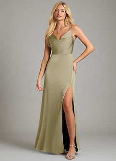 Azazie Sarella Bridesmaid Dresses Moss Green A-Line Pleated Stretch Satin Dress image4