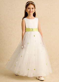 Azazie Cricket Flower Girl Dresses Ivory Lemon Sorbet Ball-Gown Pleated Matte Satin Dress image3