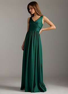 Azazie Keyla Bridesmaid Dresses Emerald A-Line Pleated Stretch Satin Dress image6