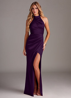 Azazie Jemma Bridesmaid Dresses Grape Sheath Pleated Stretch Satin Dress image4