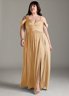 Azazie Lianne Brautjungfernkleider A-Linie Schulterfrei Stretch-Satin Kleid Gold image3