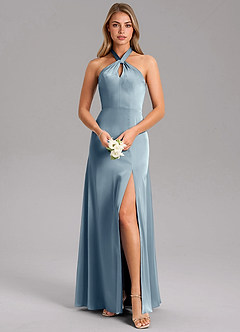 Azazie Tracie Bridesmaid Dresses Dusty Blue A-Line Side Slit Stretch Satin Dress image1