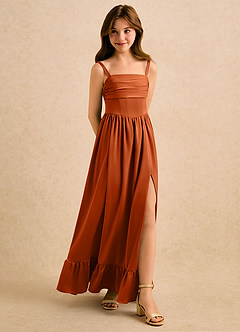 Azazie Maisie Girls Formal Flower Girl Dresses Burnt Orange A-Line Ruched Stretch Satin Dress image3