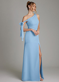 Azazie Aylin Bridesmaid Dresses Powder Blue Sheath Off the Shoulder Chiffon Dress image6