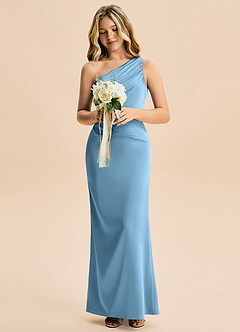 Azazie Akilah Junior Robe Fourreau en Satin extensible Plissée Acier Bleuté image4