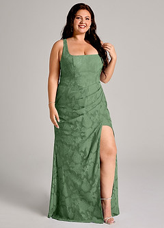 Azazie Mero 신부 들러리 드레스 쉬스 주름진 플로럴 번아웃 바닥 길이 드레스 image10