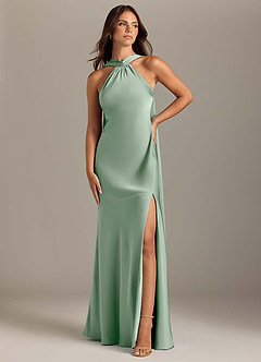Azazie Kinsley Robes de demoiselle d'honneur Robe Sirène en Satin extensible Fente Latérale Agave image1