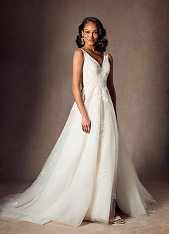 Azazie Joie At-home Try On Dresses Diamond White Champagne A-Line V-Neck Sequins Tulle Dress image5