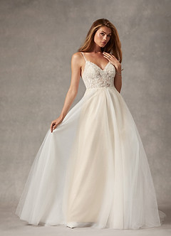 Azazie Tatiana Wedding Dresses Diamond White Nude A-Line V-Neck Sequins Tulle Dress image4