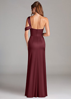 Azazie Wynter Bridesmaid Dresses Cabernet Sheath Off the Shoulder Stretch Satin Dress image2