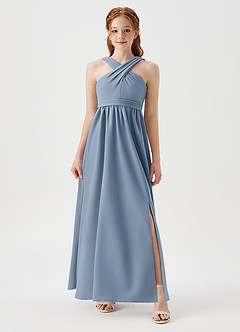 Azazie Jiya Junior Dusty Blue A-Line Pleated Stretch Crepe Dress image1