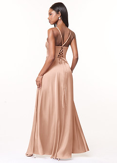 Azazie Maksim Bridesmaid Dresses Rose Gold A-Line V-Neck Stretch Satin Dress image2