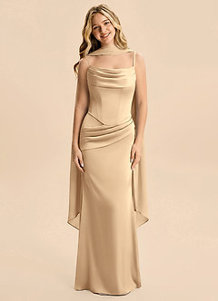 Azazie Sorrel Junior Champagne Mermaid Ruched Stretch Satin Dress image3