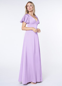 Azazie Lani Bridesmaid Dresses Lilac A-Line Flounce Sleeve Stretch Satin Dress image4