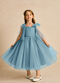 Azazie Dori Robe Demoiselle D'honneur Fillette Robe Trapèze en Tulle Rayé Bleu Maussade image6