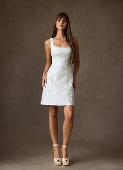 Azazie Janet Wedding Dresses Diamond White A-Line Square Neckline Floral Jacquard Dress image4