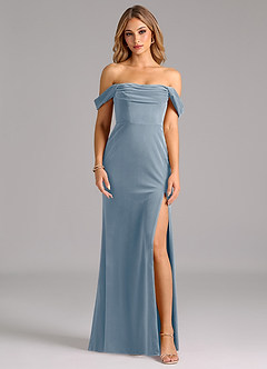Azazie Saige Jurken voor bruidsmeisjes Converteerbaar Jurk van flueel met Kolom Off the Shoulder Stoffig Blauw image1