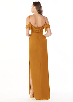 Azazie Emeralda Bridesmaid Dresses Butterscotch Sheath Off the Shoulder Chiffon Dress image2